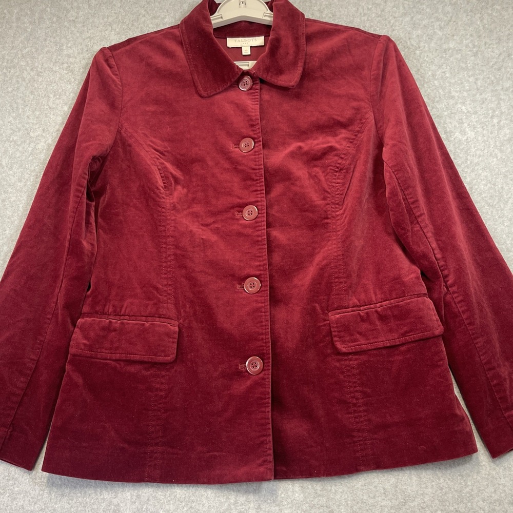 Talbots Velvet Blazer Womens 10 Burgundy Button Front Stretch Cotton Jacket